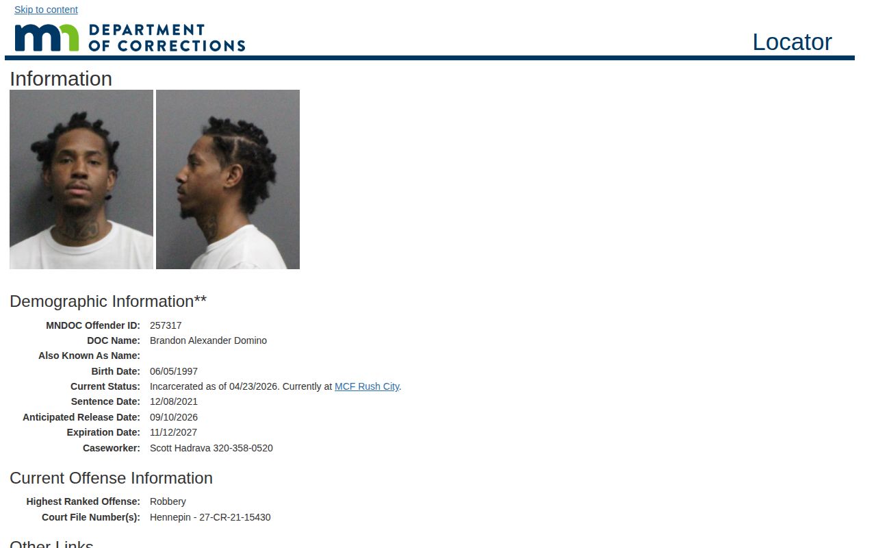 Minnesota DOC anticipated release date field used for Steele County release date lookup